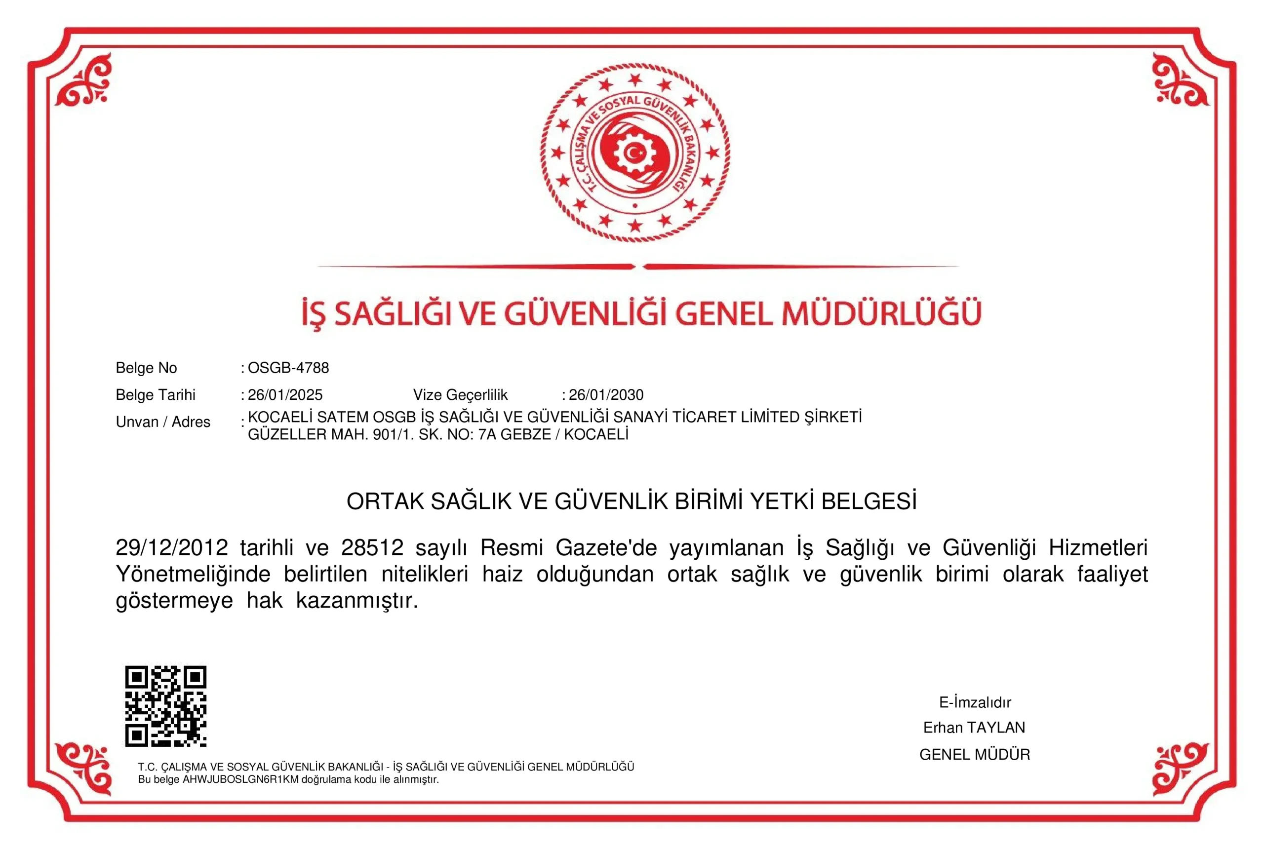 Çekmeköy OSGB Yetki Belgemiz